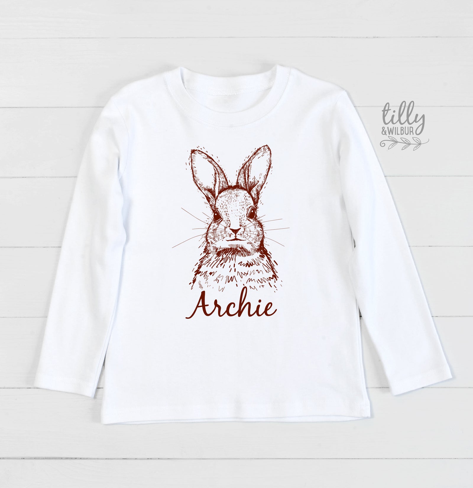 Personalised Sketch Bunny Easter Shirt – Custom Name Minimal Bunny Top for Babies, Toddlers & Kids