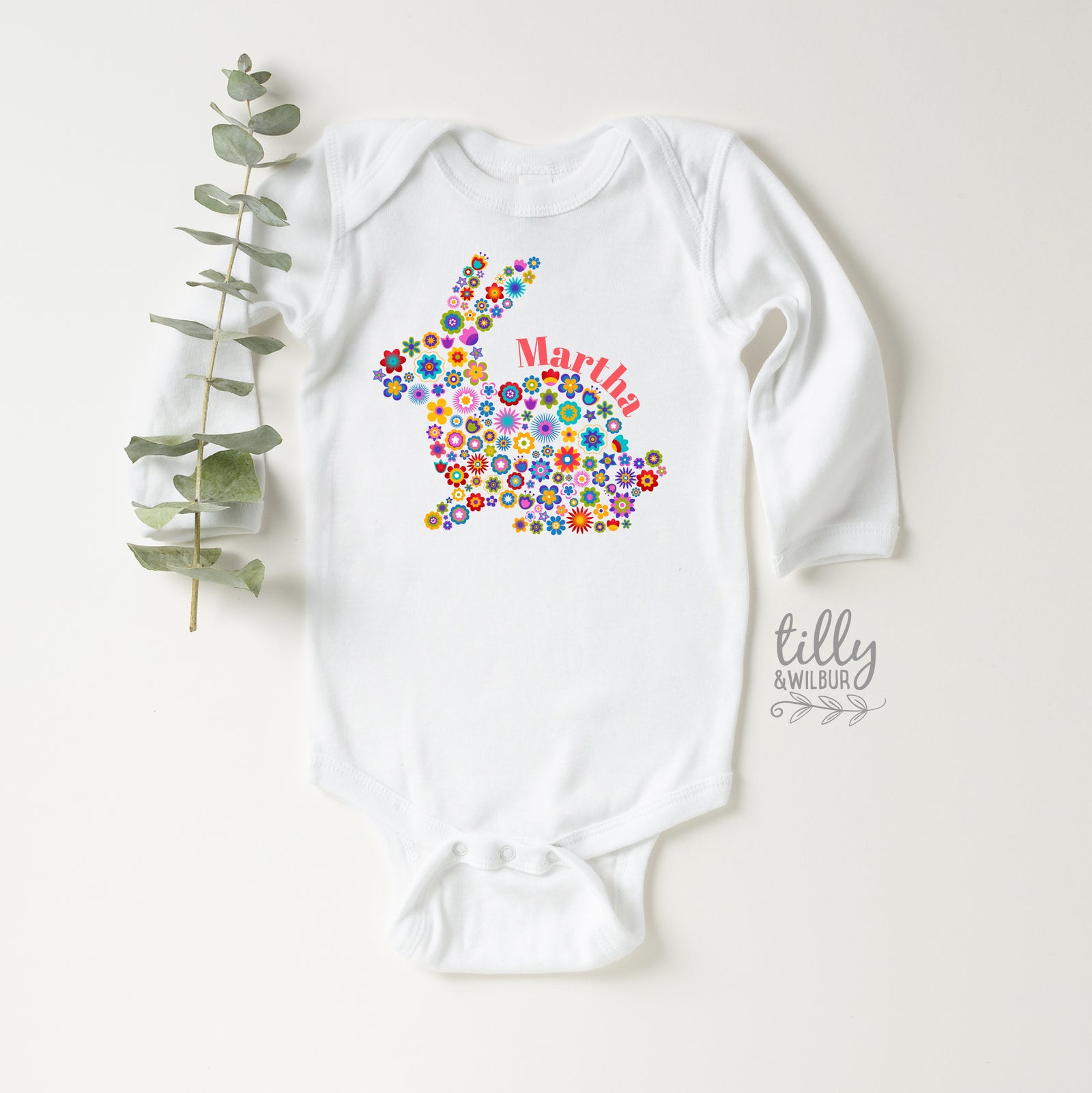 Personalised Floral Bunny Easter Shirt – Colourful Bunny Name Top for Girls, Babies & Kids