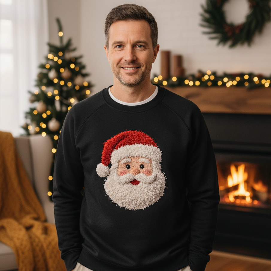 A black long-sleeve crewneck sweatshirt featuring a textured, plush 3D graphic of a Santa Claus face on the chest, complete with a red hat, white beard, and pink nose, shown against a plain white background.