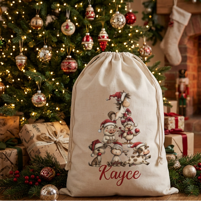 Natural cotton Santa sack printed with a stack of farm animals in Santa hats forming a Christmas tree shape, and the name "Kayce" in red script