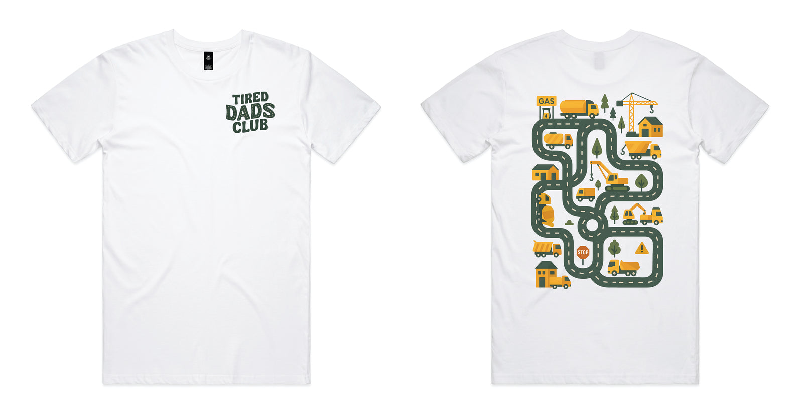 White coloured t-shirt with Tired Dads Club on the front and a construction road play map with trucks and cranes on the back.
