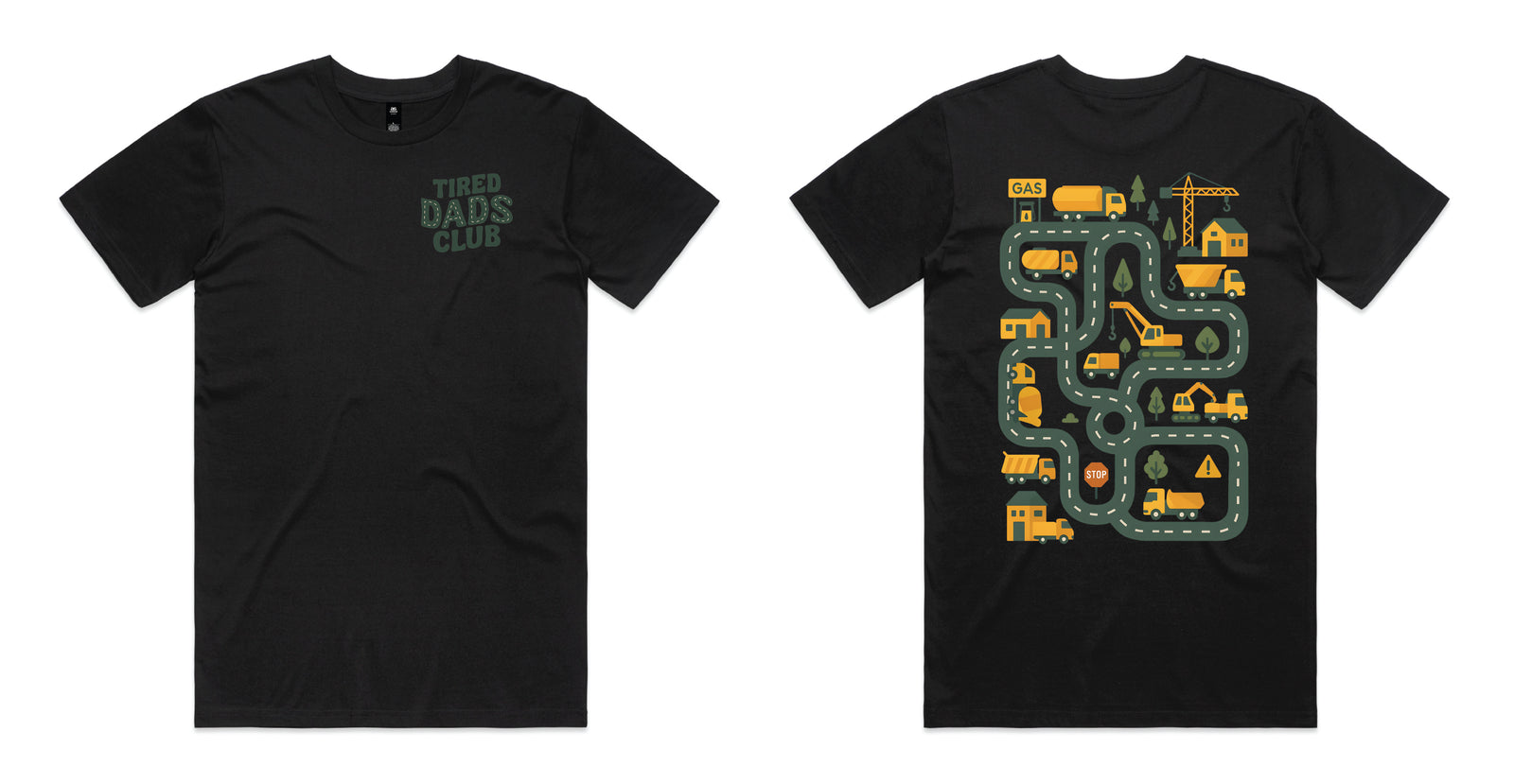 Black coloured t-shirt with Tired Dads Club on the front and a construction road play map with trucks and cranes on the back.