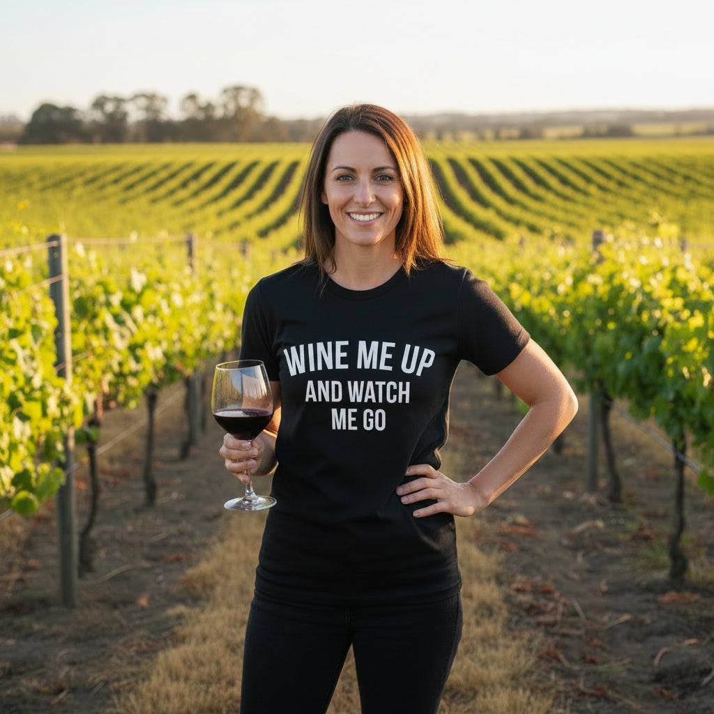 Smiling woman holding a glass of red wine outdoors wearing a white Wine Me Up And Watch Me Go t-shirt with bold black lettering
