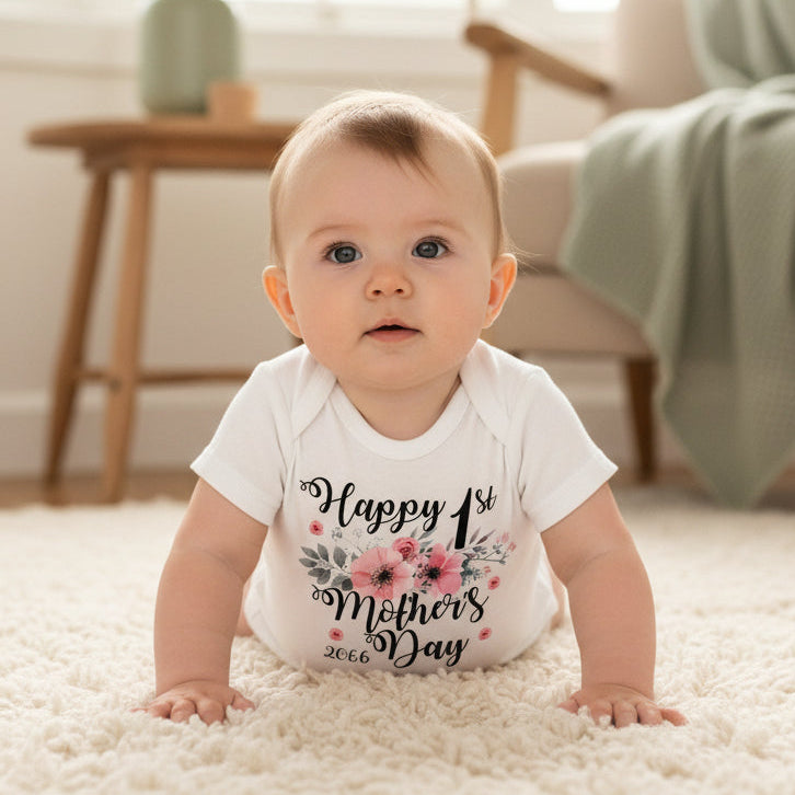 Happy 1st Mother’s Day floral baby bodysuit flat lay with pink flowers and personalised text on white onesie