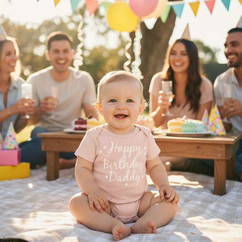 Baby sitting at a party in a pink bodysuit that reads Happy Birthday Daddy with stars.