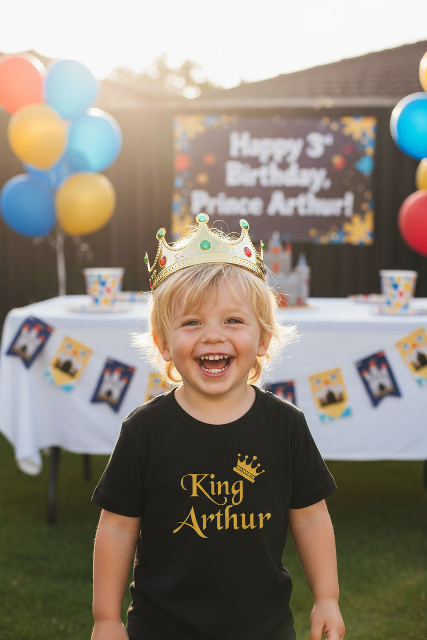 Personalised Boys T-Shirt With Childs Name, King Tee, Crown TShirt, Customized Boys Clothing, Black Short Sleeve Shirt With Gold Design