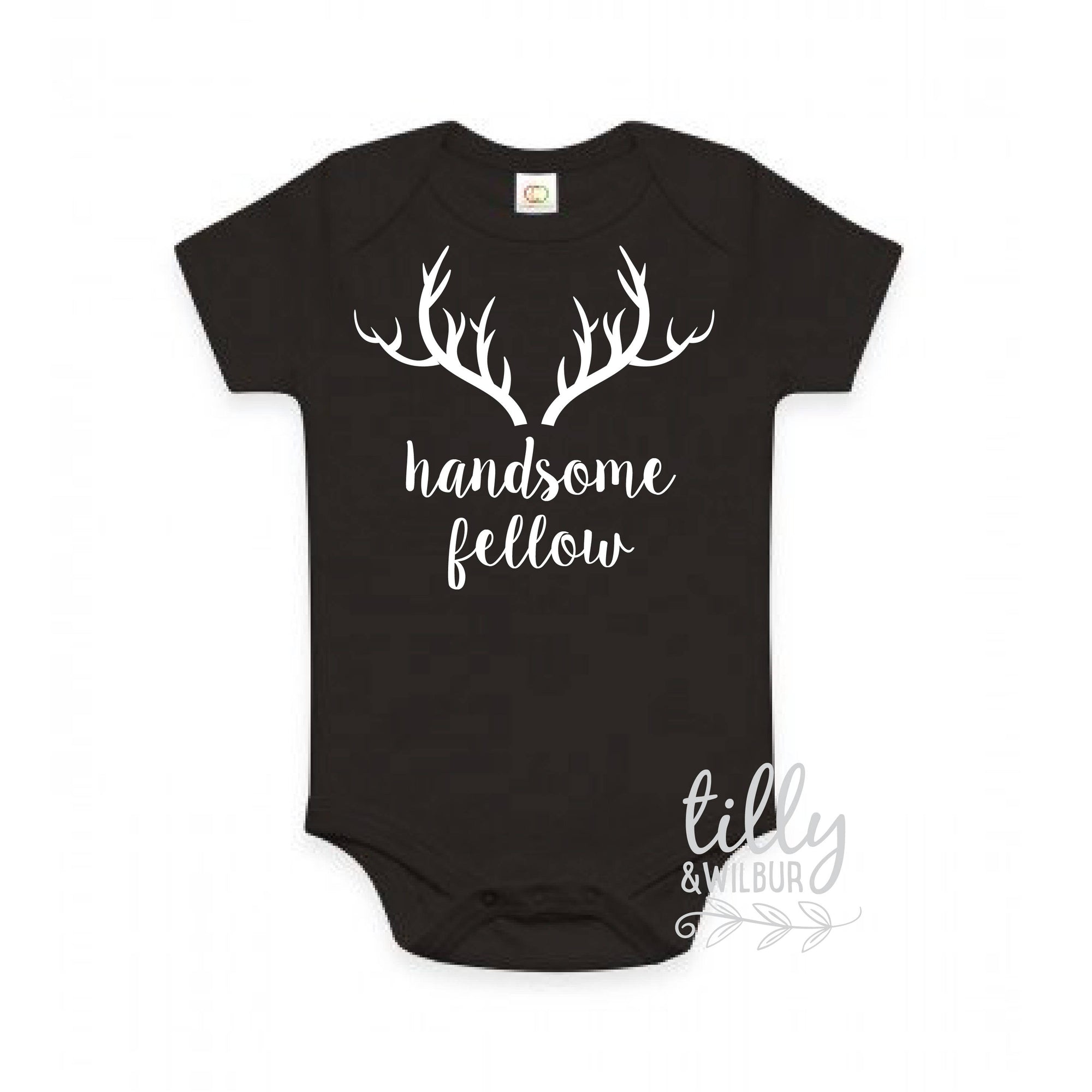 Handsome Fellow Baby Boy Outfit, Woodland Theme, Deer Antlers, Black Cotton Bodysuit, New baby Boy Gift, Boho Hipster Design