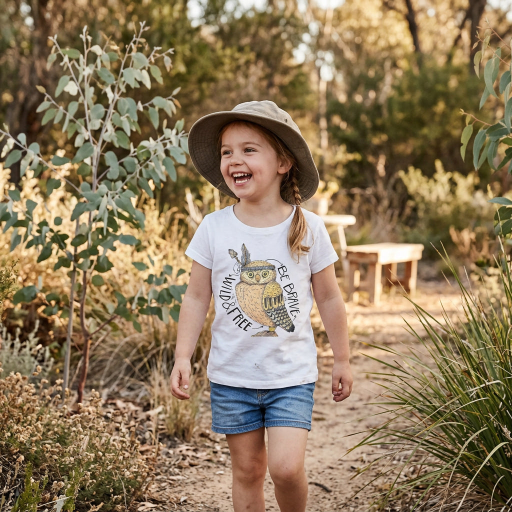 White t-shirt with a watercolour owl and the words Be Brave, Wild and Free.