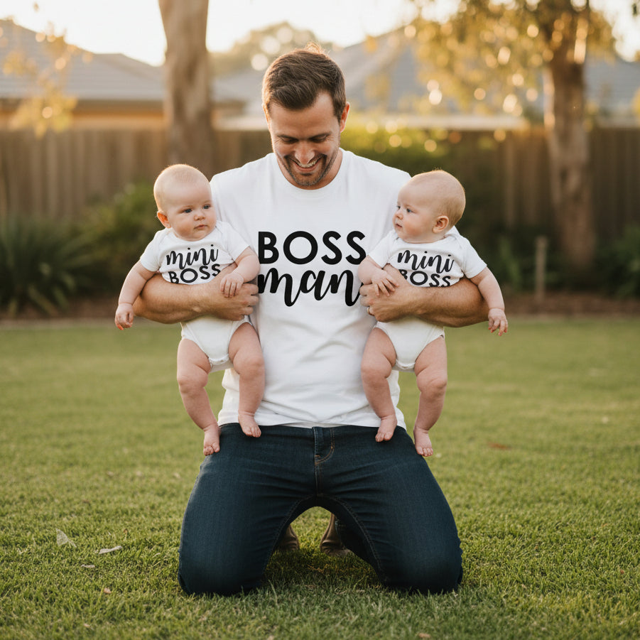 Boss Man And Mini Boss Twins T-Shirt Set, Dad To Twins, Twinning, Dad Boss, Father's Day Gift, Pregnancy Announcement Gift For Daddy, Boss
