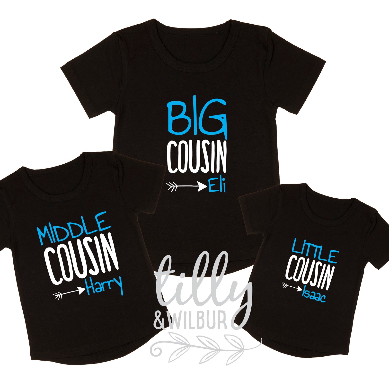 Three black kids t-shirts reading Big Cousin, Middle Cousin and Little Cousin with personalised names.