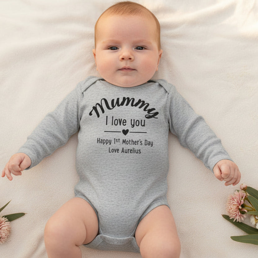Personalised first Mother’s Day baby bodysuit with custom name message, long sleeve grey newborn outfit Australia
