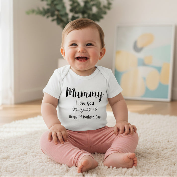 Mummy I love you Happy first Mother’s Day baby bodysuit with hearts, cute newborn outfit Australia