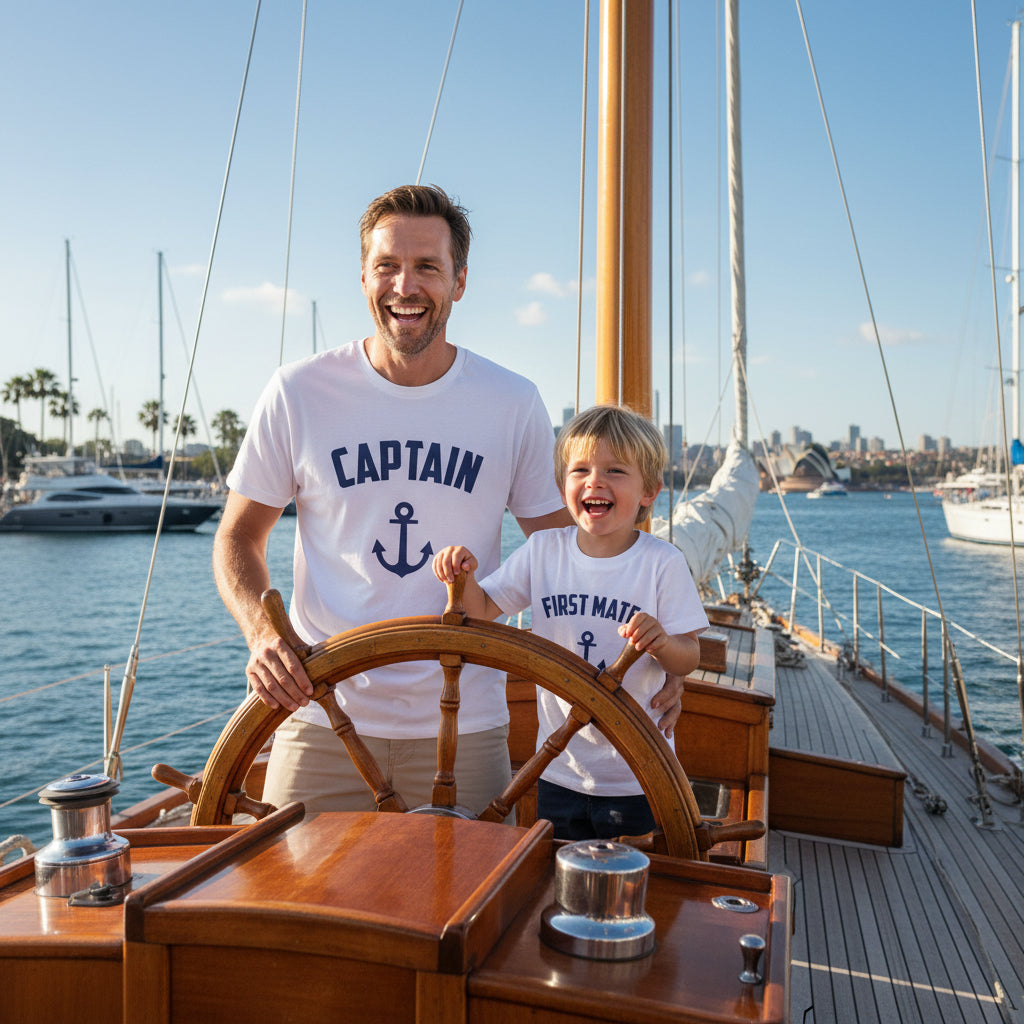 White t-shirt reading Captain and white kids t-shirt reading First Mate, both with a navy anchor.