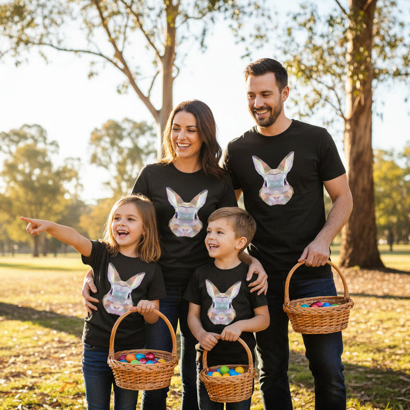 Geometric bunny Easter shirt with modern polygon bunny face design on black shirt for family matching outfit