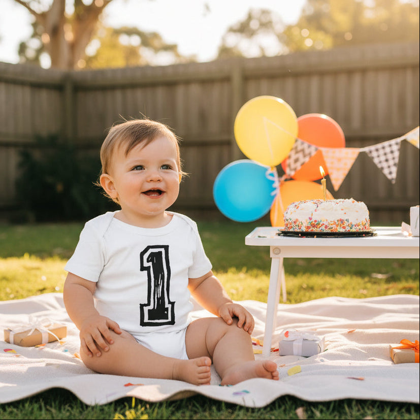 Baby wearing a white bodysuit with a black number 1 design, sitting beside a first birthday cake.