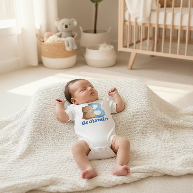 Newborn baby asleep in a white bodysuit with a teddy bear initial and the name Benjamin.