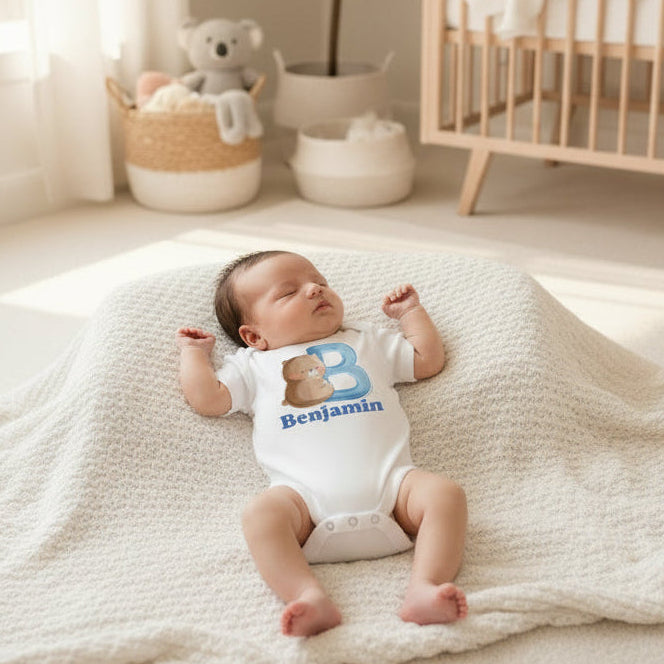Newborn baby asleep in a white bodysuit with a teddy bear initial and the name Benjamin.