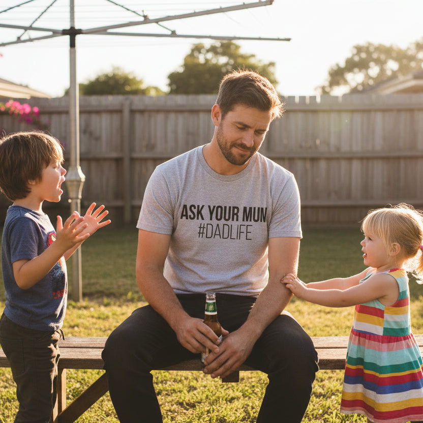grey t-shirt with ask your mum #dadlife printed in black