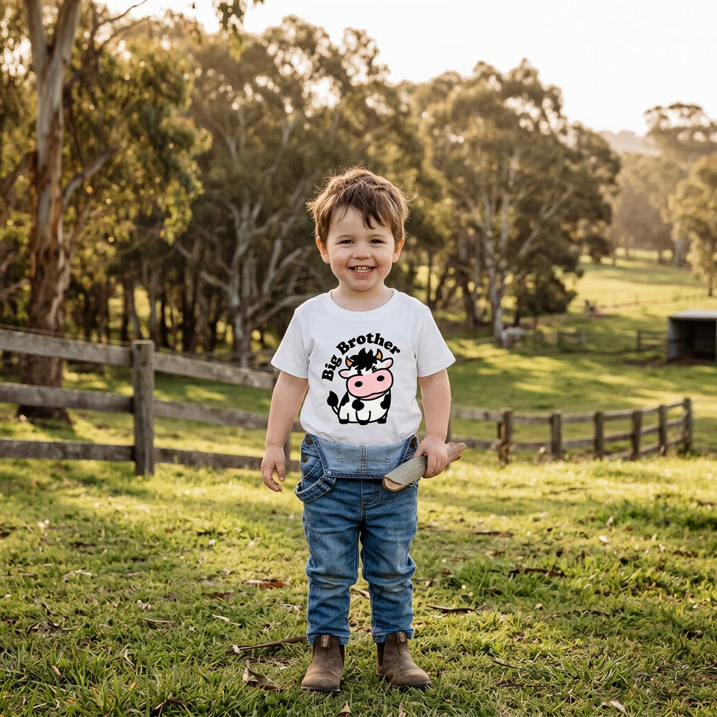 White kids t-shirt reading Big Brother with a cute black and white cow.