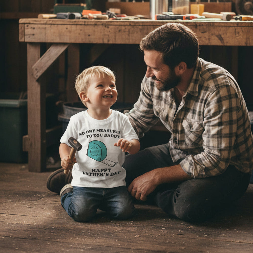 White kids t-shirt with a tape measure design and text reading No One Measures Up To You Daddy, Happy Father's Day.