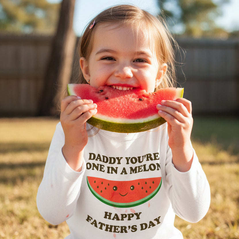 White kids long-sleeve t-shirt with a smiley watermelon and text reading Daddy You're One In A Melon, Happy Father's Day.