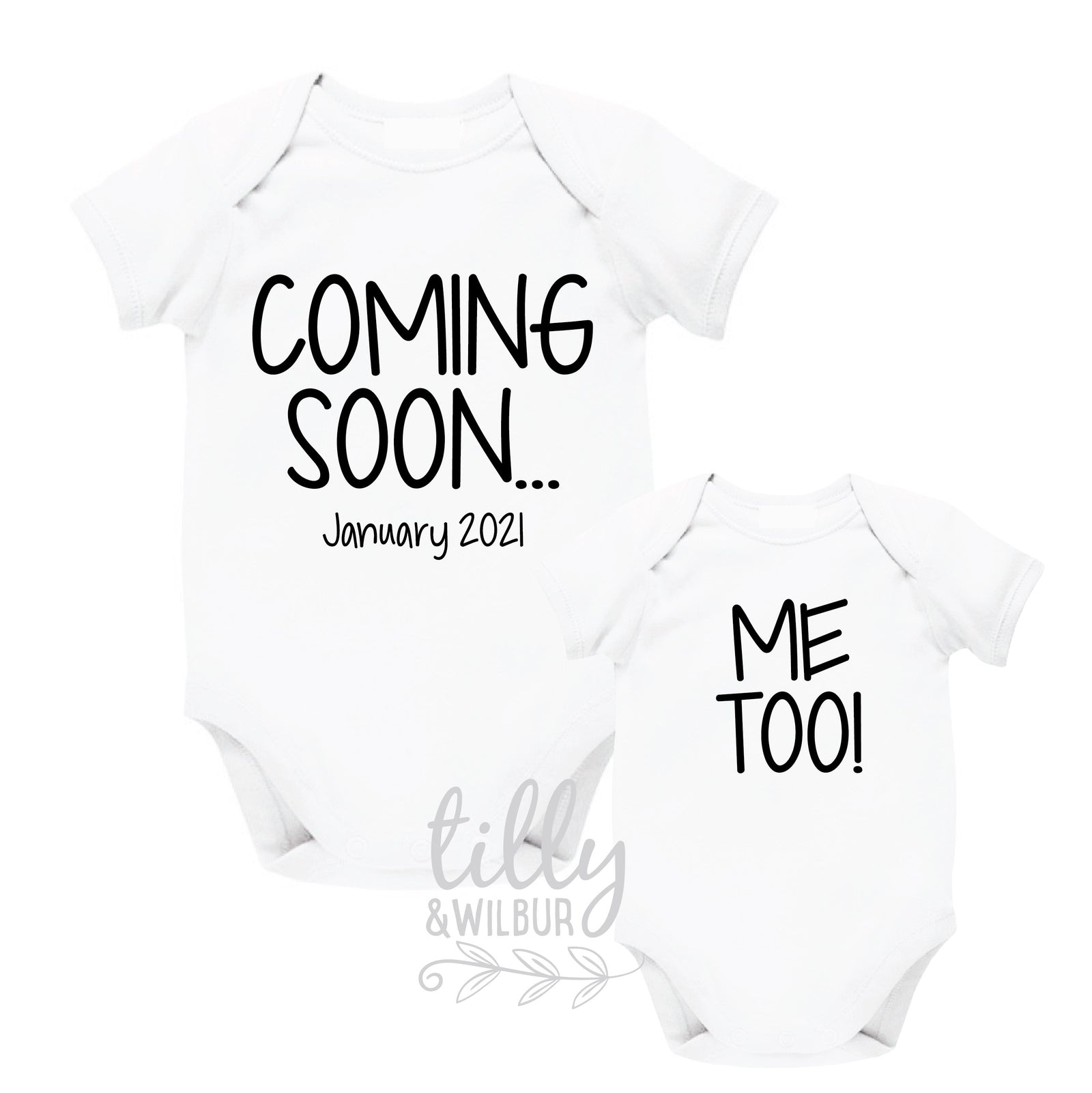 Coming Soon, Me Too! Personalised Due Date Twins Announcement Bodysuits, Pregnancy Announcement For Twins, Twin, We're Having Twins Reveal