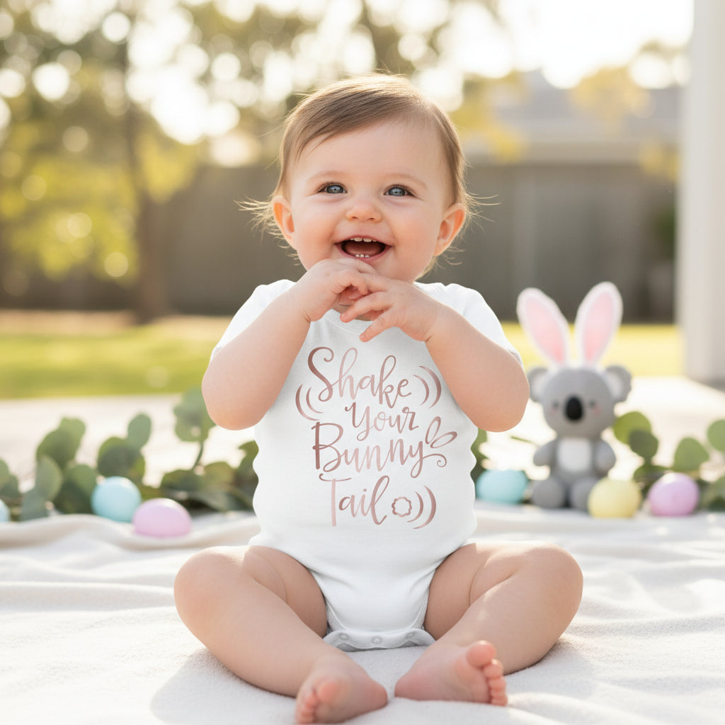 Shake your bunny tail Easter bodysuit baby outfit with cute script design