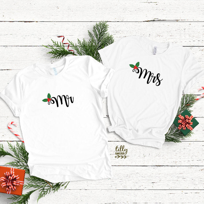 Mr and Mrs Christmas T-Shirts, Hubs and Wifey Matching Christmas T-Shirts, First Christmas as Husband and Wife, Newlyweds, His and Hers Tees