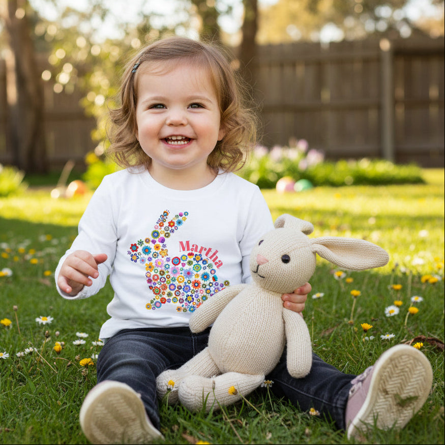 Personalised colourful floral bunny Easter shirt with custom name for kids