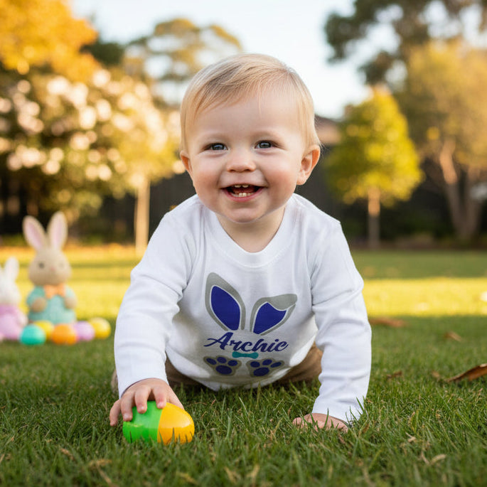 Personalised bunny ears Easter shirt with custom name and paw print design for kids family matching outfit