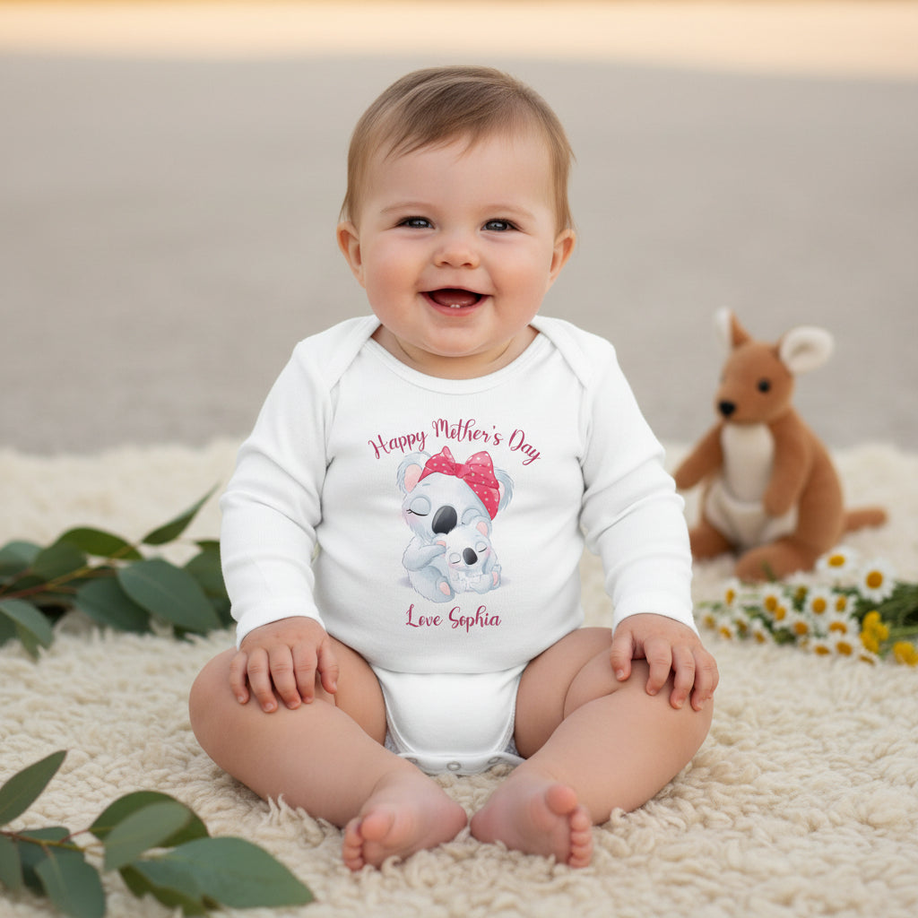 Happy Mother’s Day personalised baby bodysuit with koala design, custom name baby outfit, Mother’s Day gift from baby