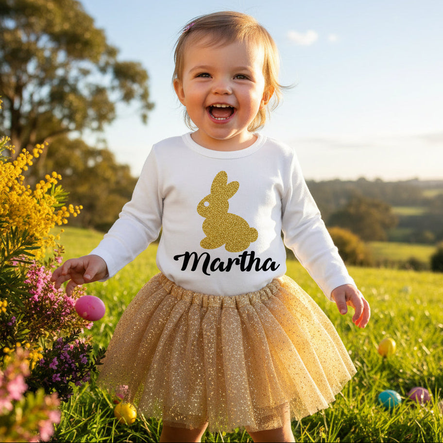 Personalised gold glitter bunny Easter shirt with custom name for kids faux glitter design
