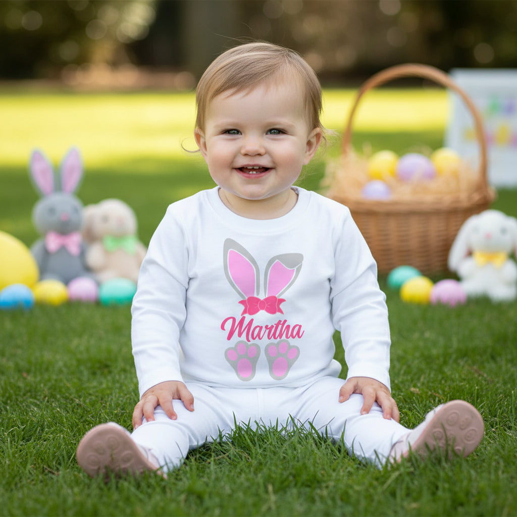 Personalised bunny ears Easter shirt with custom name and bow design for kids family matching outfit