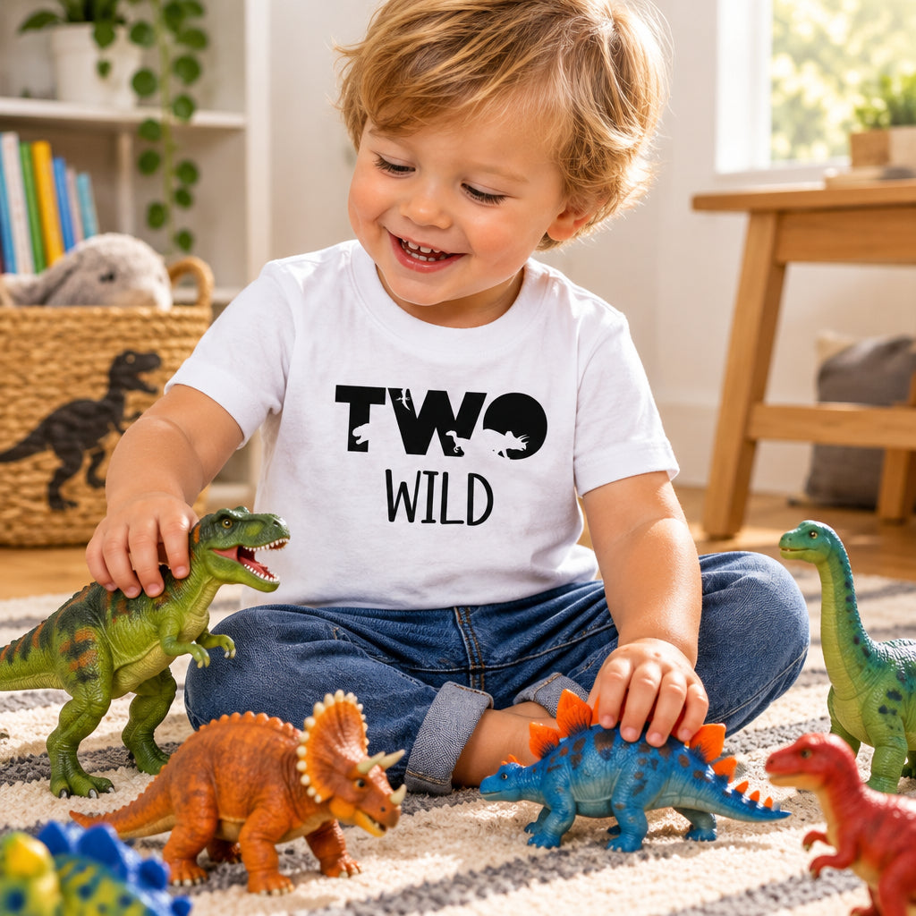 Grey marle toddler t-shirt with "Two Wild" dinosaur silhouette 2nd birthday design