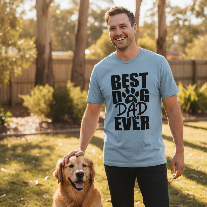 Light blue t-shirt with a Best Dog Dad Ever design and a heart-in-the-paw print.