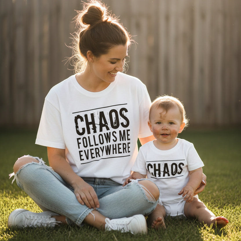 Chaos follows me everywhere mum and baby matching shirts, funny motherhood t-shirt, mum and baby outfit, Mother’s Day gift idea
