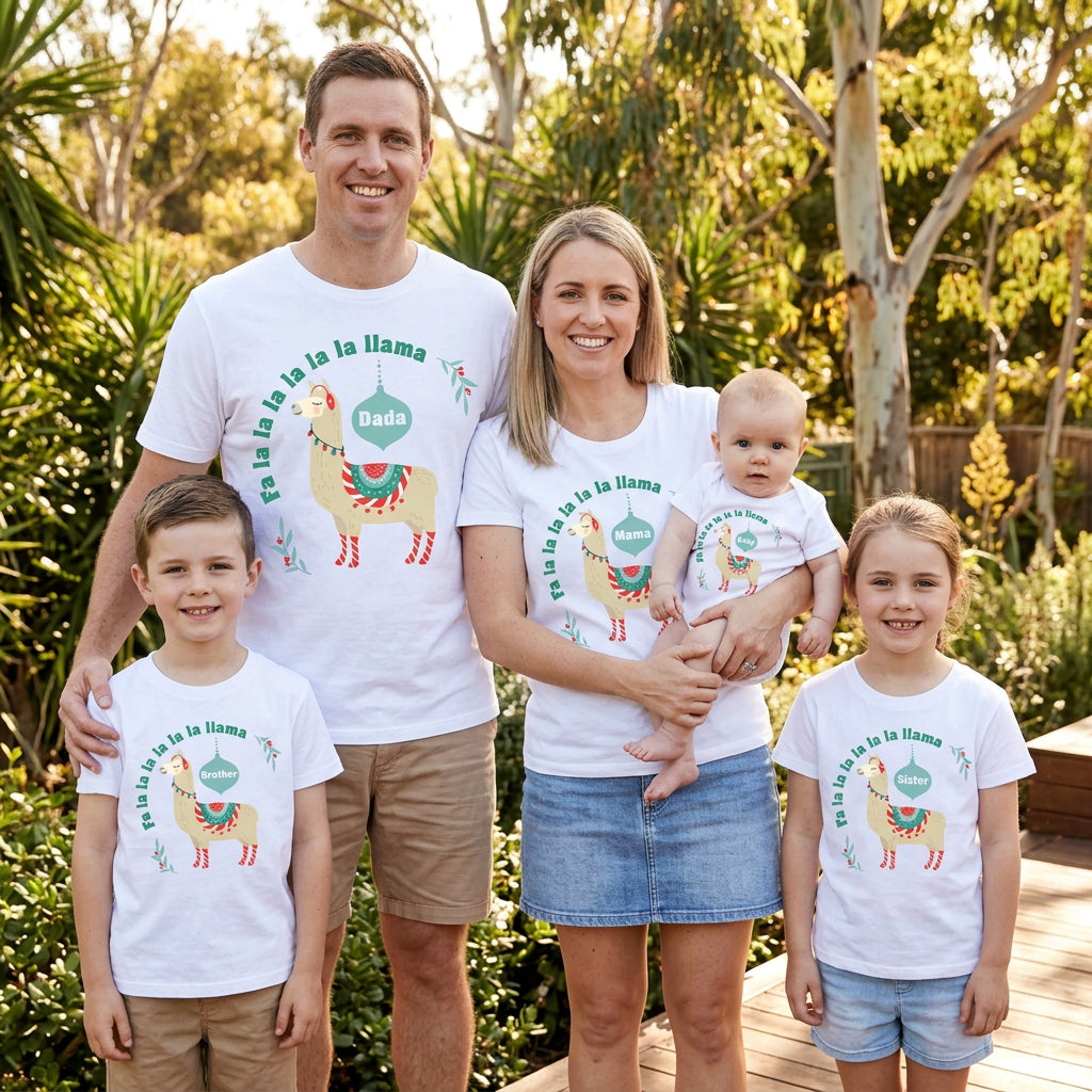Matching white family Christmas t-shirts and baby bodysuit printed with a llama in red earmuffs, "Fa la la la la la llama" and a bauble reading Dada, Mama, Brother, Baby and Sister