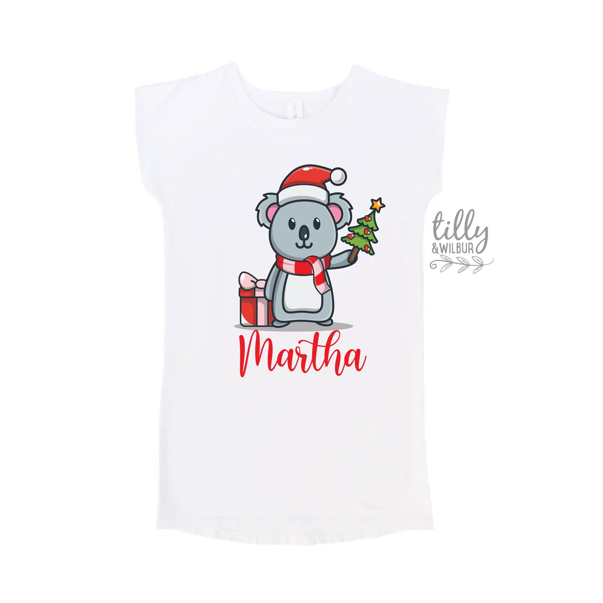 Personalised Girl&#39;s Christmas T-Shirt Dress, Custom Girl&#39;s Christmas Gift, Koala Christmas T-Shirt, Girl&#39;s Christmas T-Shirt, Girl&#39;s Dress
