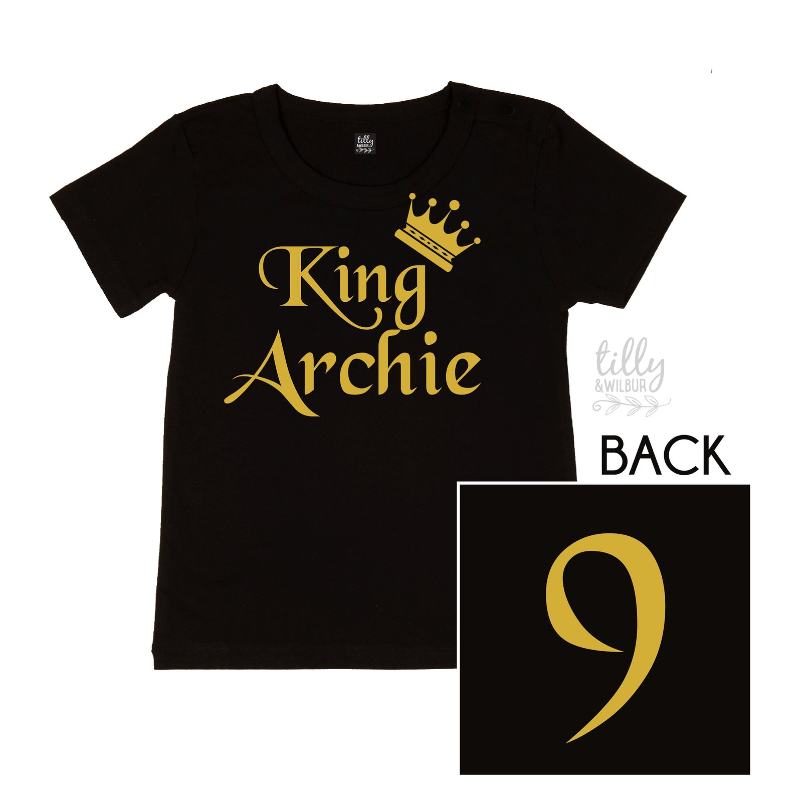 Personalised Boys T-Shirt With Childs Name, King Tee, Crown TShirt, Customized Boys Clothing, Black Short Sleeve Shirt With Gold Design