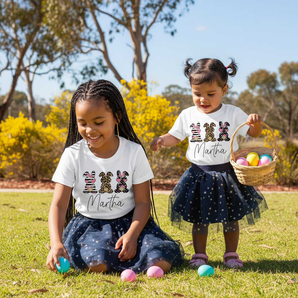 Custom name Easter bunny shirt for girls with floral, leopard and polka dot bunny design