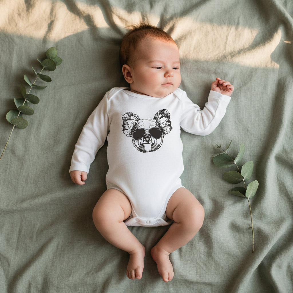 Baby lying on sage linen wearing a white Cool Koala bodysuit with hand-drawn aviator koala design and eucalyptus leaves alongside