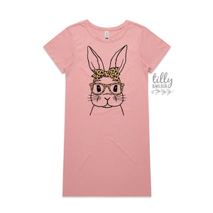Easter T-Shirt Dress, Leopard Print Bunny Rabbit Print, Easter Bunny Shirt Dress, Easter Egg Hunt, Easter Gift, Women's Easter T-Shirt Gift