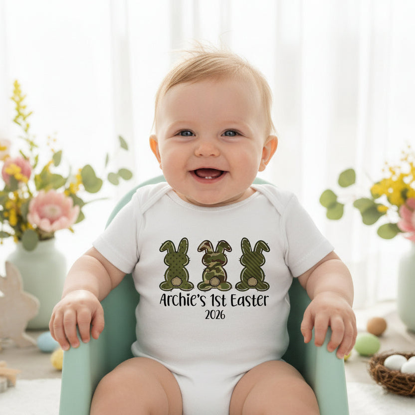 Personalised baby bodysuit with camo bunny design and custom name and year for first Easter