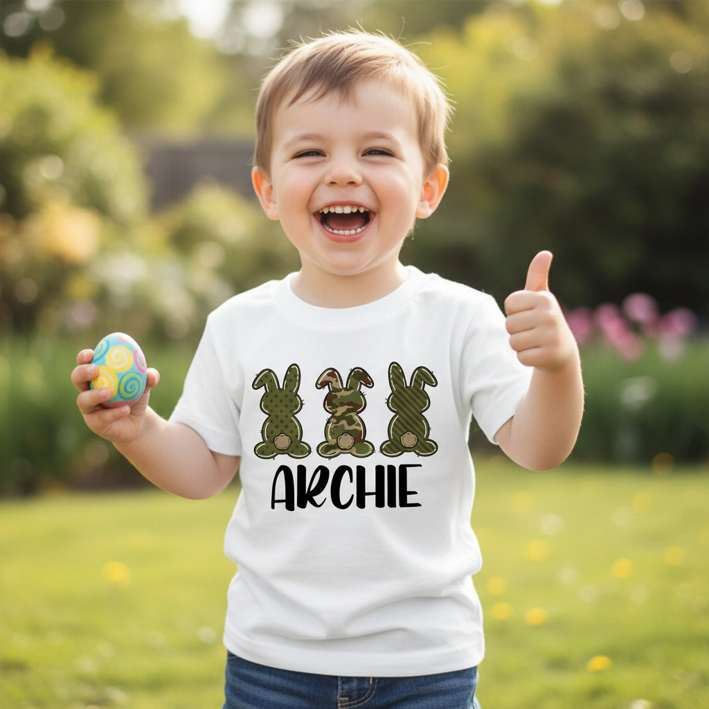 Personalised kids Easter shirt with camo bunny design and custom name printed on white t-shirt
