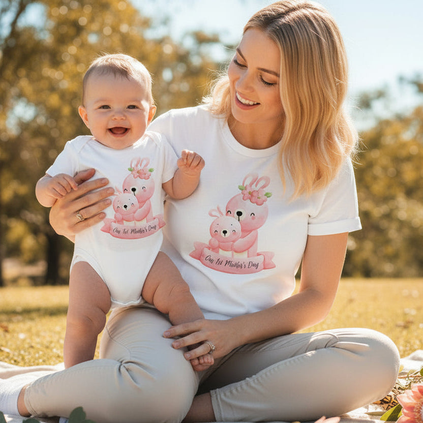 Our First Mother’s Day matching outfit, mum and baby bunny shirts, pink rabbit mother and child design, Australia Mother’s Day set