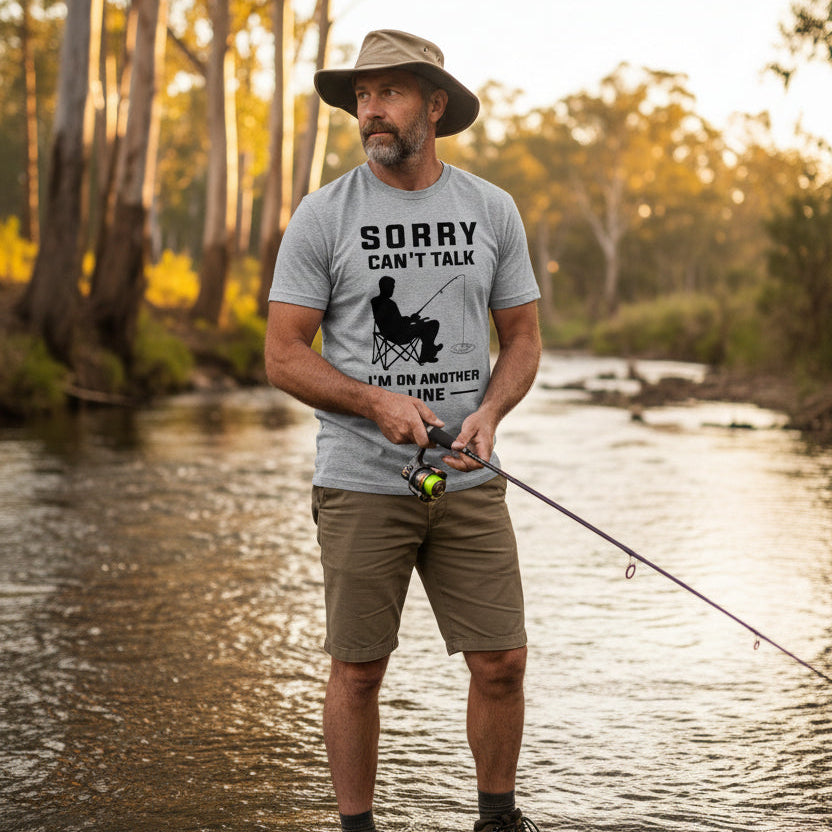 Man standing in a creek wearing a grey funny fishing t-shirt that says Sorry Can’t Talk I’m On Another Line