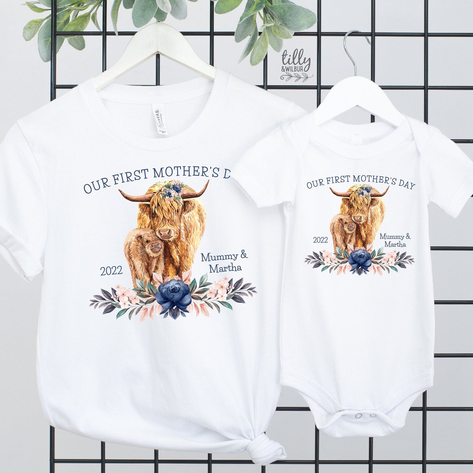 Personalised first Mother’s Day matching shirts Highland cow design custom year and names mum and baby outfit