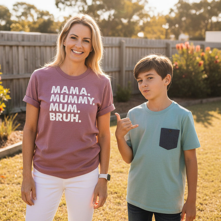 Mama Mummy Mum Bruh t-shirt worn by mum standing outdoors with son, funny motherhood slogan shirt Australia