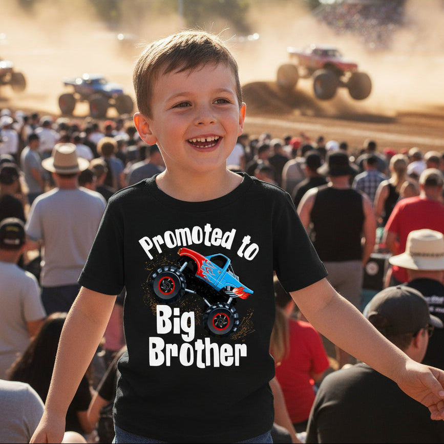 Promoted to Big Brother monster truck shirt black kids t-shirt sibling announcement Australia