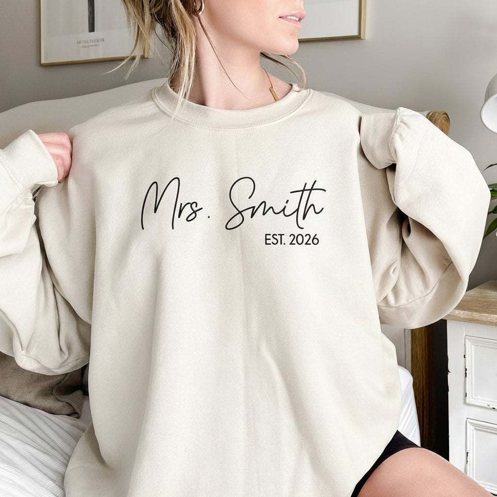 Personalised Mrs. Est. Jumper, Custom Bridal Crew Neck, Just Married Sweatshirt, Future Mrs Tee, Honeymoon Gift, Bride T-Shirt, Wedding Gift